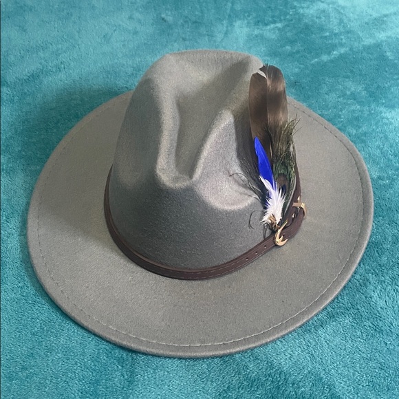 Gray Women's Felt Fedora Western Cowboy Hat Brown Belt  Peacock Feather Accent - Picture 3 of 8